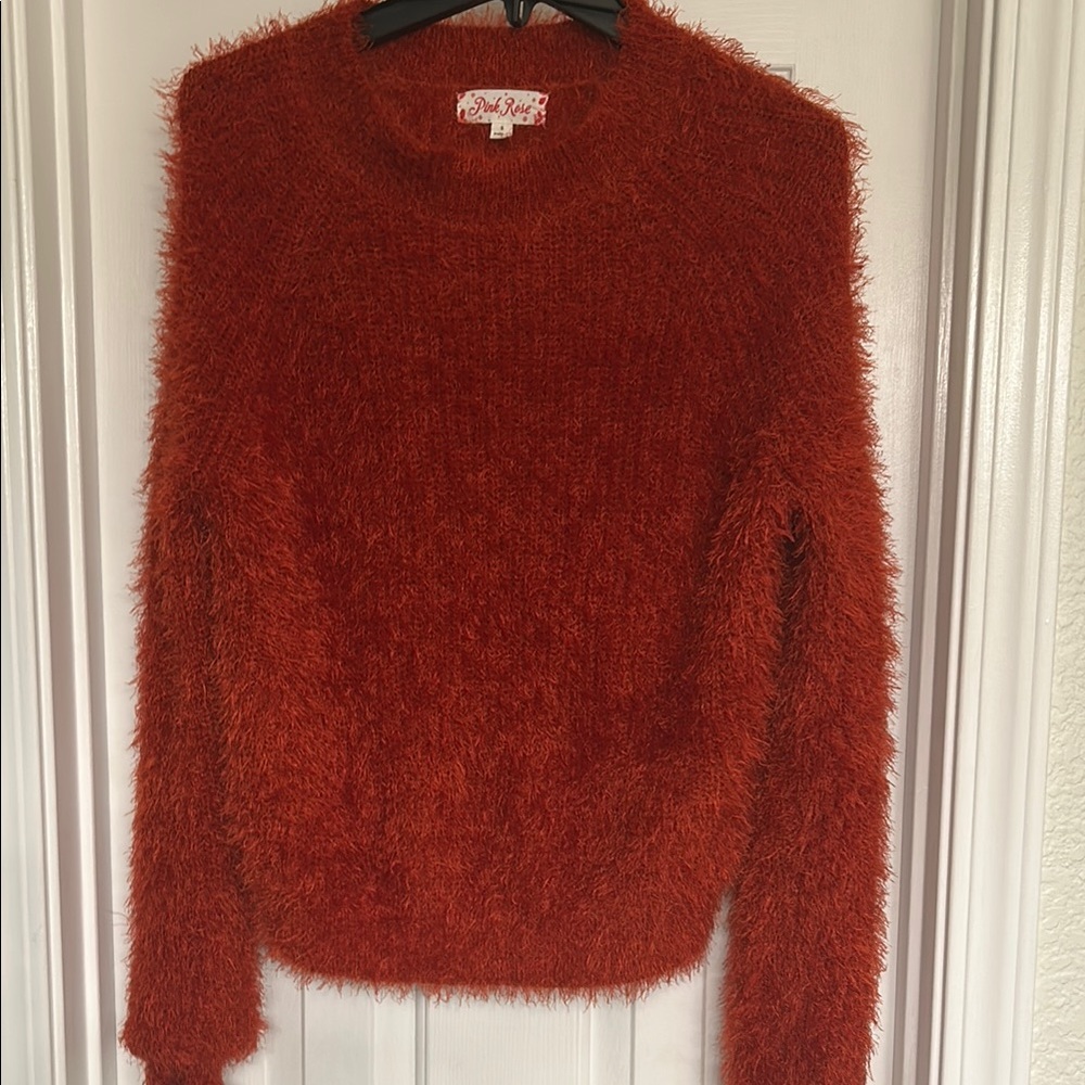 Pink Rose Red Crew Neck Sweater with Fuzzy Texture